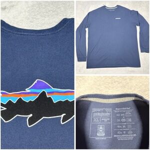 Patagonia Long Sleeve Fish Graphic T Shirt XL Blue Recycled Cotton